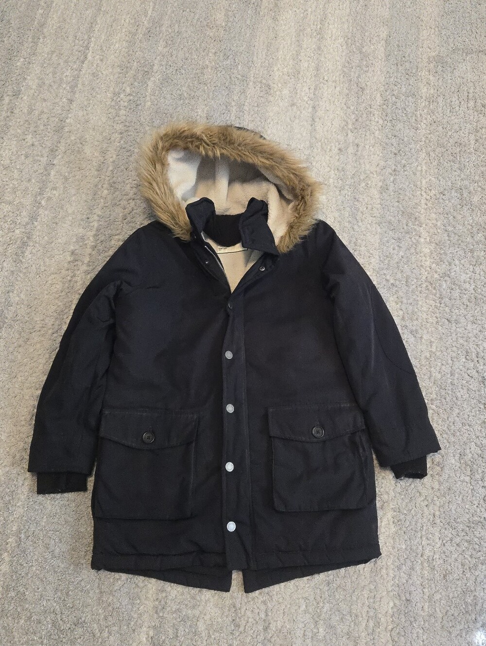 Zadig & Voltaire Dean Parka Jacket Black Faux Fur Hood Shearling Lined Coat M